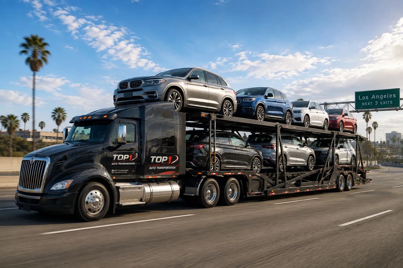 Nationwide car shipping with Top1 Auto Transportation Top1 Auto Transportation black car carrier truck shipping SUVs toward Los Angeles on a California highway