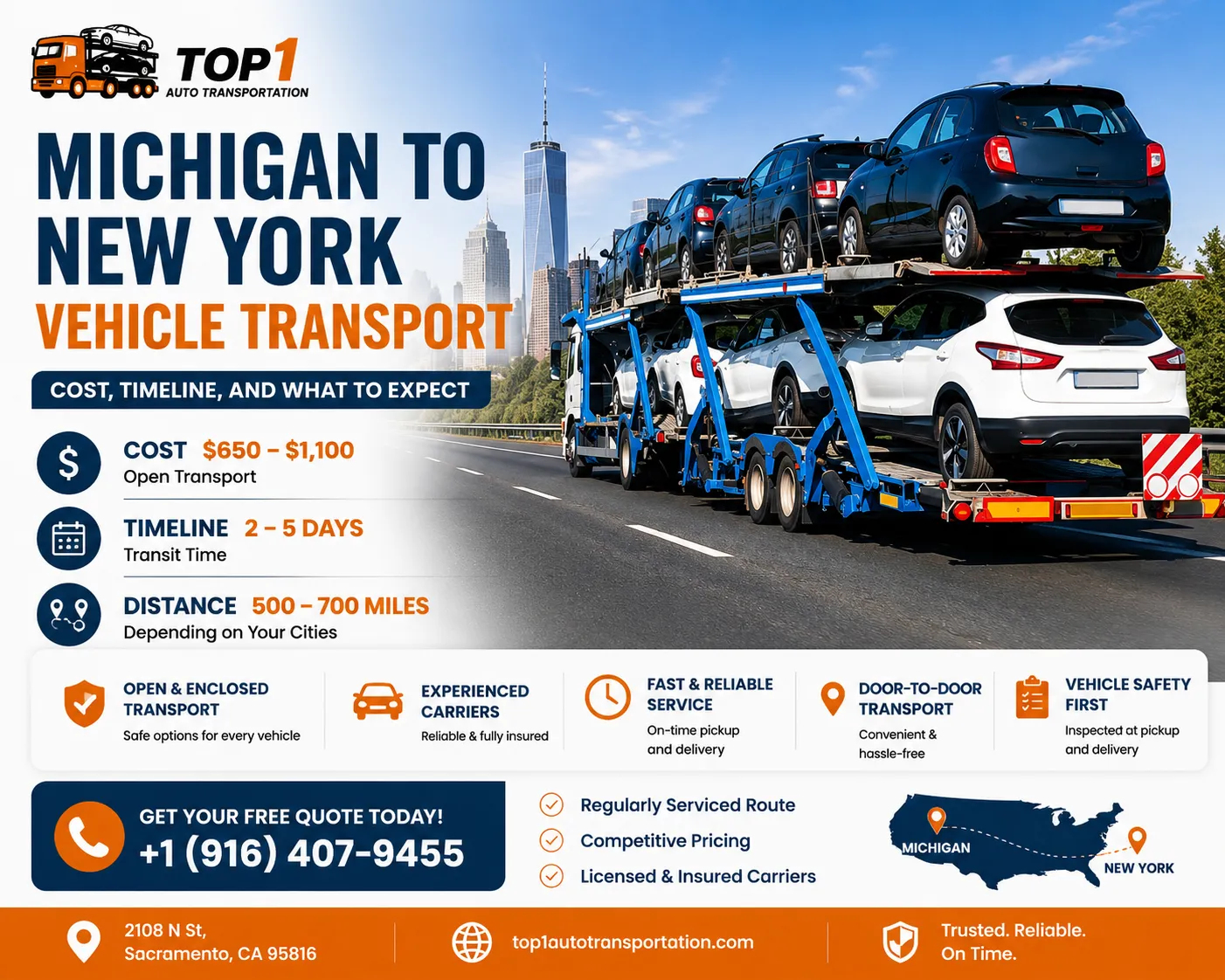 Open auto transport carrier on the Michigan to New York shipping route