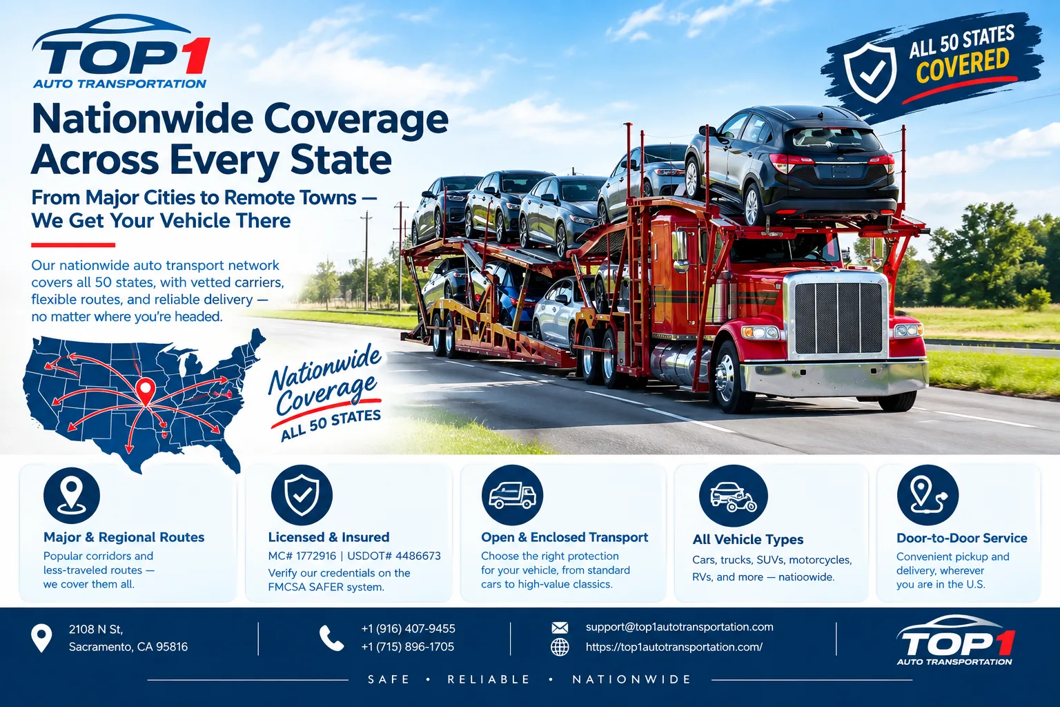 Nationwide coverage across every state — major routes, all vehicle types, and door-to-door service