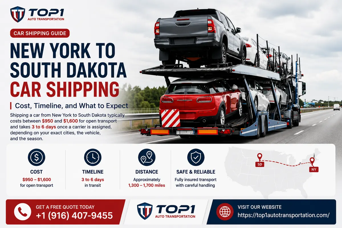 Open auto transport carrier on the New York to South Dakota shipping route